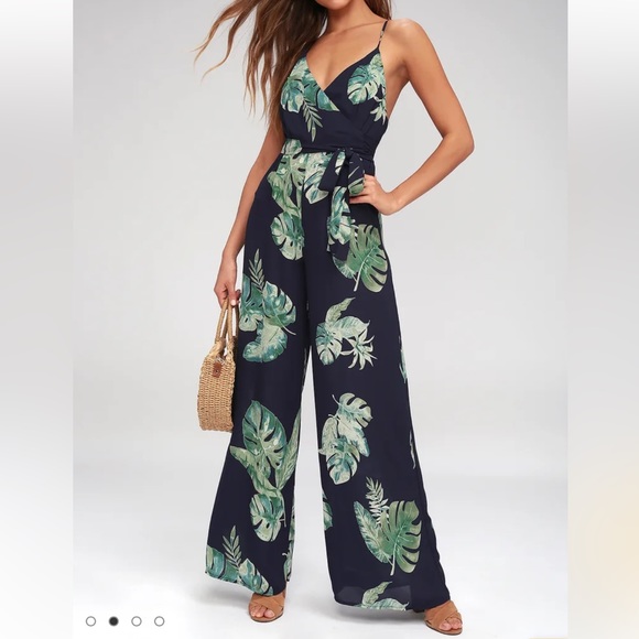 Lulu’s Womens Give Me A Tropical Leaf Printed Backless Wide Leg Jumpsuit Navy XS - Picture 13 of 13